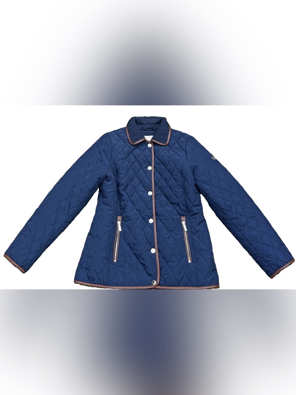 Michael Kors Size M Navy Blue Brown Trim Quilted Puffer Down Coat Jacket